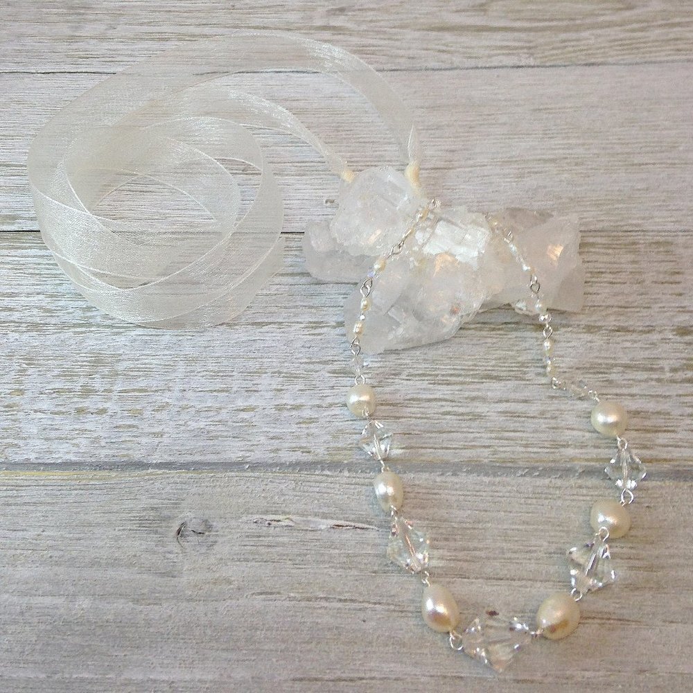 Pearl, Vintage Crystal, & Ivory Organza Ribbon Handmade Necklace​​​​​